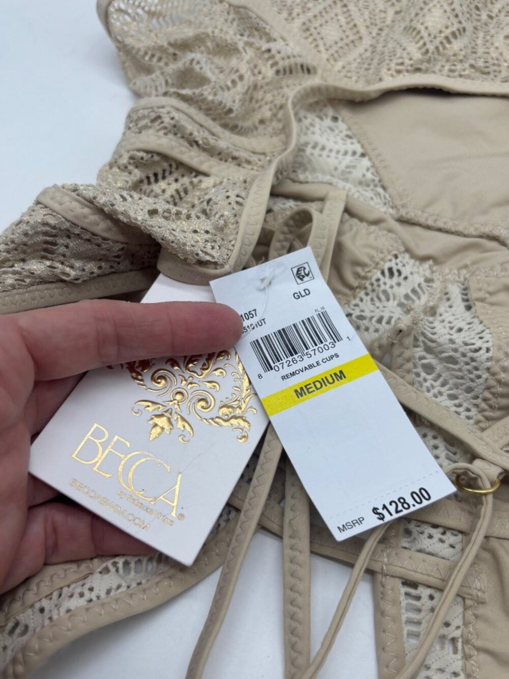 Becca Color Play Crochet Plunge One-Piece Swimsuit, Gold, M-NO REMOVABLE CUPS - Picture 13 of 15